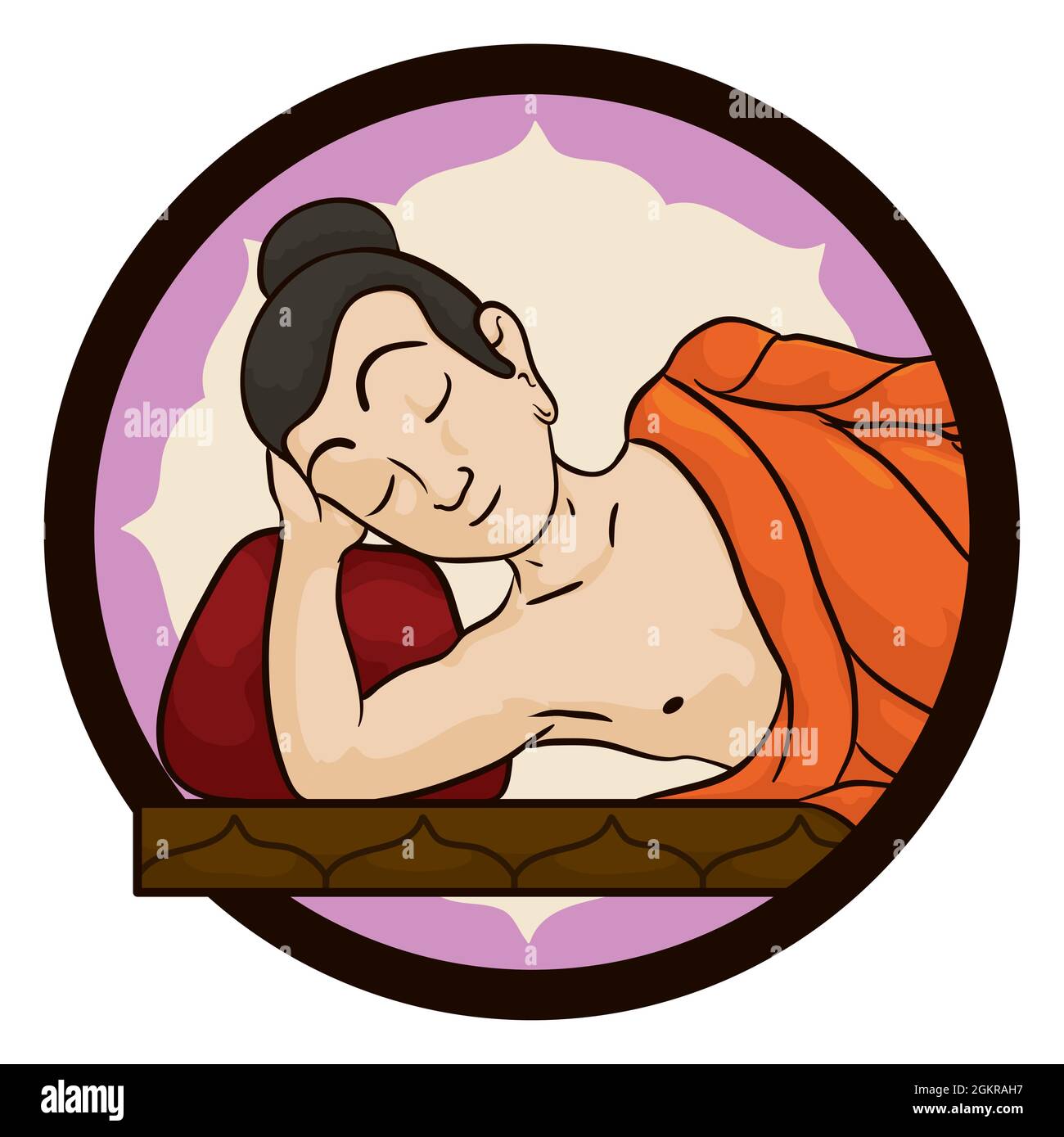 Bouton rond avec la scène de Bouddha couché avec fleur de lotus en arrière-plan. Illustration de Vecteur