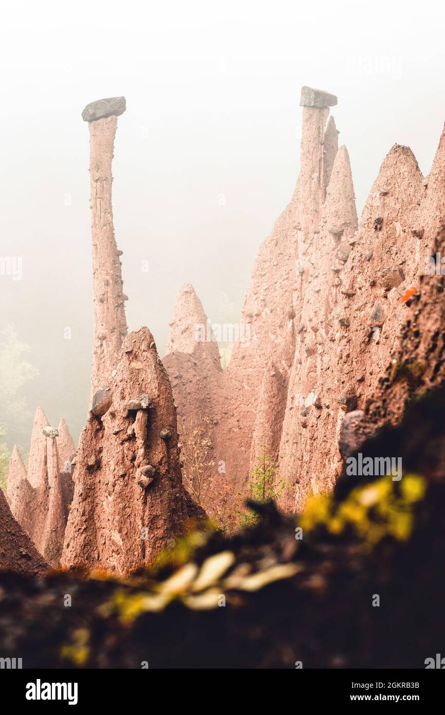 Piliers de roche coniques des pyramides de la terre émergeant du brouillard, Renon (Ritten, Bolzano, Tyrol du Sud, Italie,Europe Banque D'Images