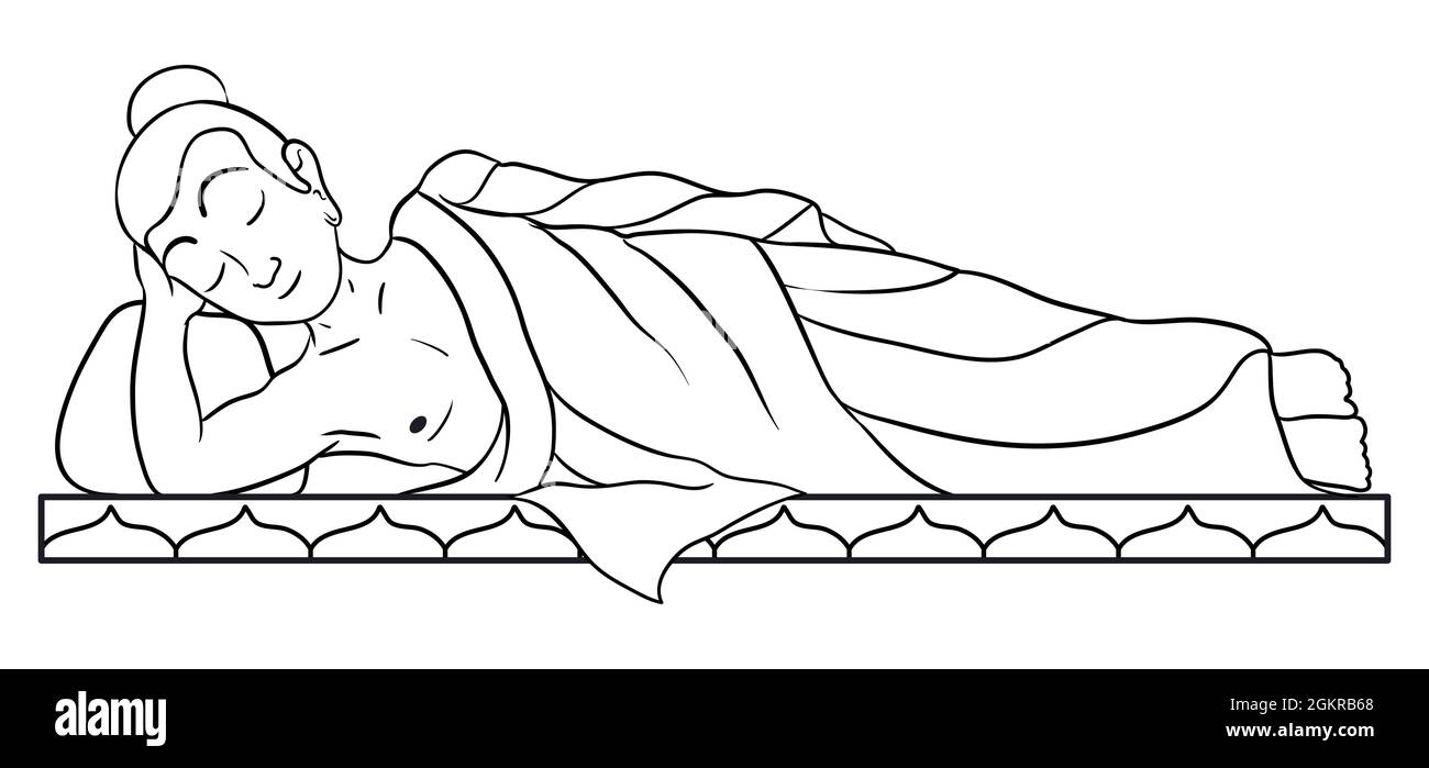 Scène de Bouddha inclinable sur coussin. Version pour colorer les activités sur fond blanc. Illustration de Vecteur