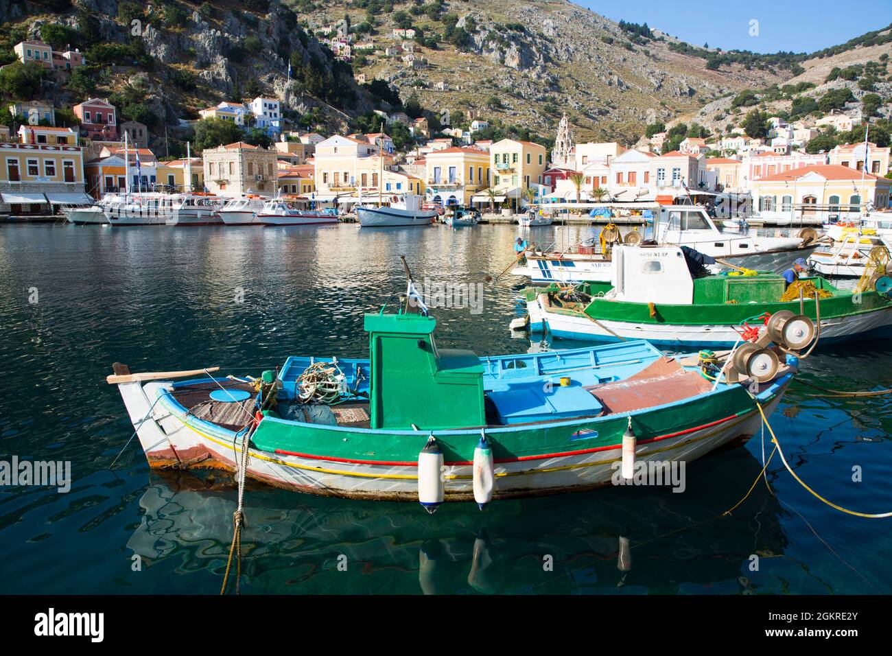 Bateau de pêche, port de Gialos, île Symi (Simi), groupe des îles Dodécanèse, îles grecques, Grèce, Europe Banque D'Images