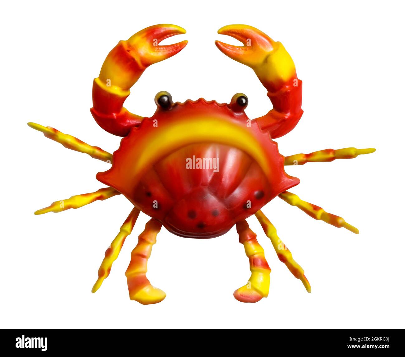 Illustration d'un crabe stylisé rouge et jaune qui a l'air triste ou en colère, peut-être les deux, isolé sur un fond blanc, avec un chemin d'écrêtage Banque D'Images