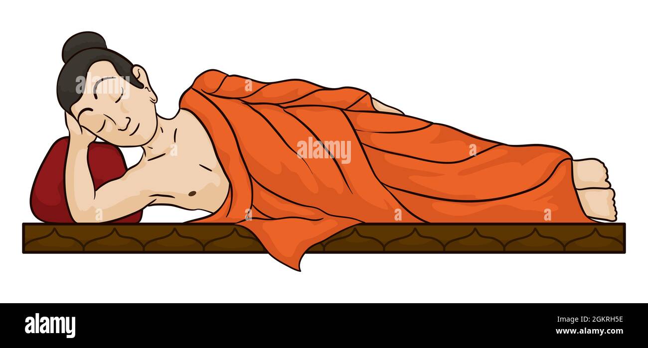 Bannière avec la scène d'un Bouddha incliné avec des yeux fermés dans le style de dessin animé, sur fond blanc. Illustration de Vecteur