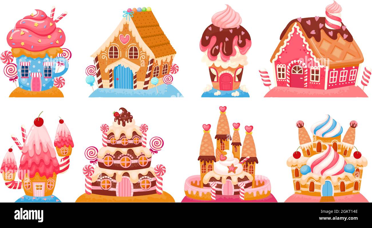 Maisons de bonbons de fantaisie de dessin animé et châteaux de contes de fées doux. Bâtiments à gâteaux du Dreamland. Ensemble vectoriel maison chocolat, pain d'épice et crème glacée Illustration de Vecteur