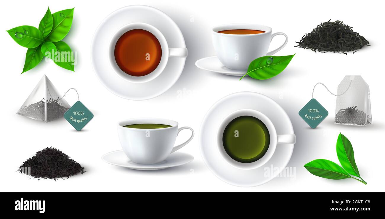 Tasse 3D réaliste avec thé vert et noir, feuilles et teabag pyramidal. Tasses avec vue sur le dessus et côté boisson chaude. Jeu de vecteurs de piles de thé à base de plantes sèches Illustration de Vecteur