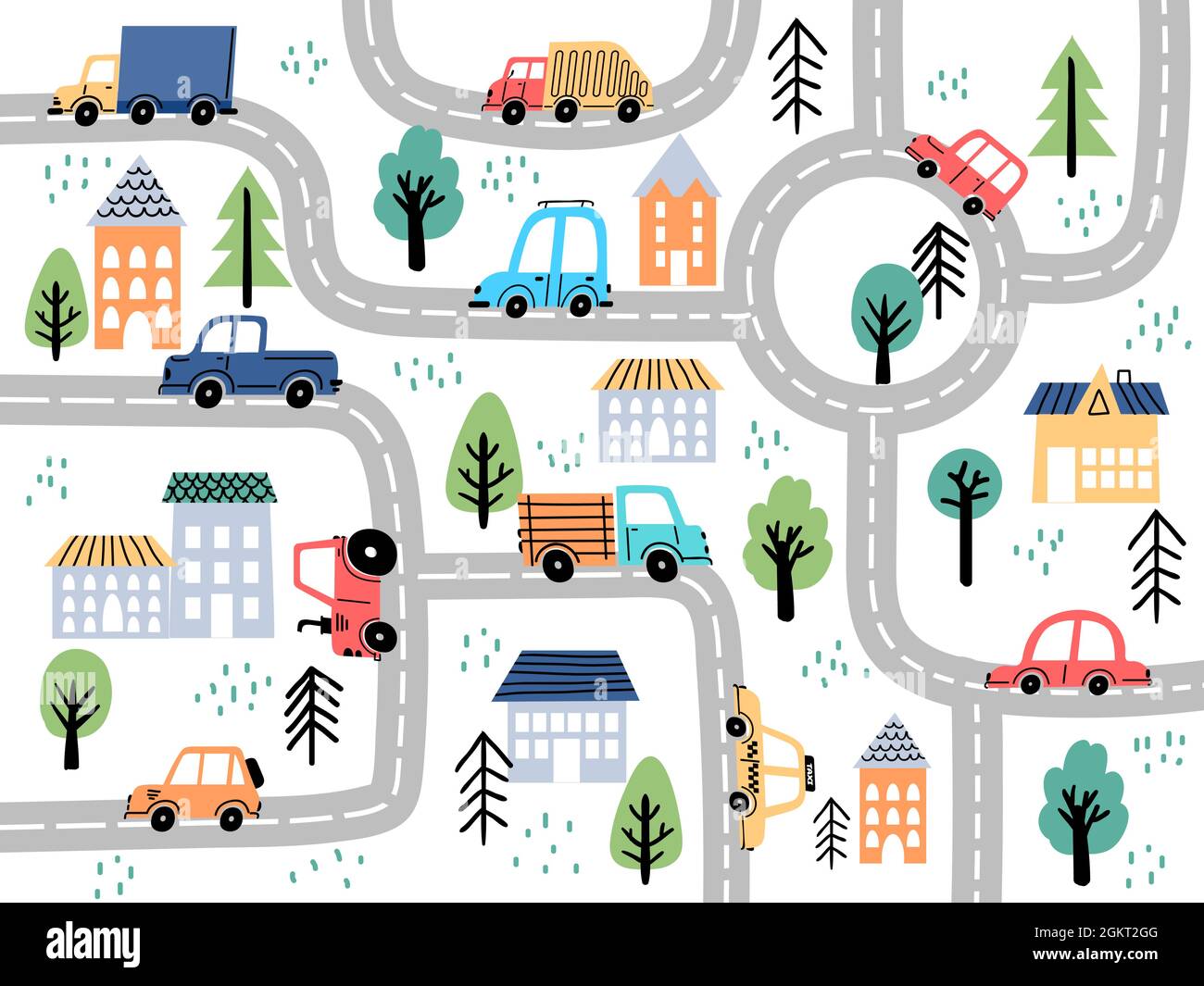 Carte de la ville des enfants avec routes et voitures pour enfants décoration de pépinière. Village ou ville rue labyrinthe pour la moquette. Fond vectoriel de jeu de tableau de dessin animé Illustration de Vecteur