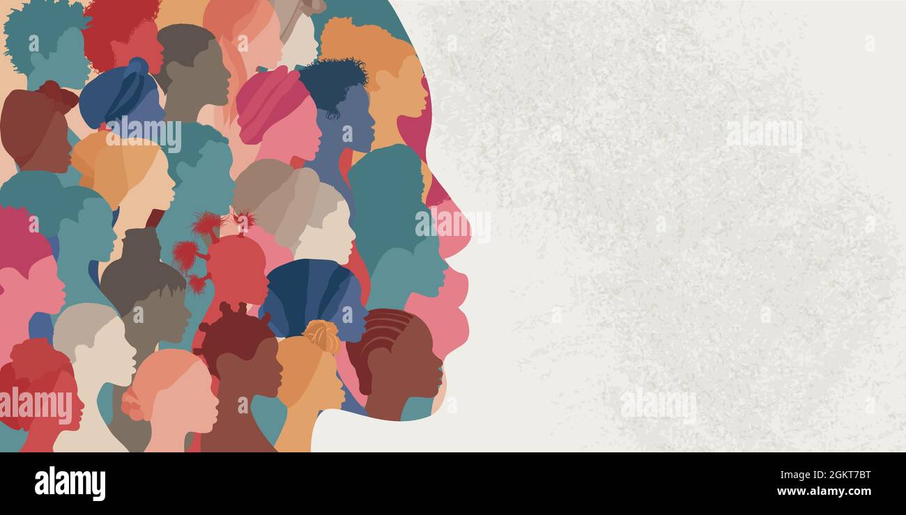 La femme face silhouette en profil avec un groupe de femmes africaines et africaines américaines face à l'intérieur.concept de l'égalité raciale antiracisme. Allyship Illustration de Vecteur