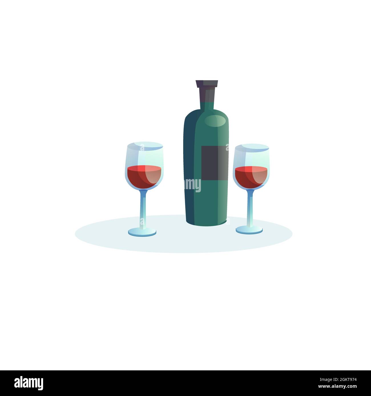 Bouteille de vin et de verres de dessin animé plat, saine alimentation, romantique dîner vecteur d'illustration concept Illustration de Vecteur