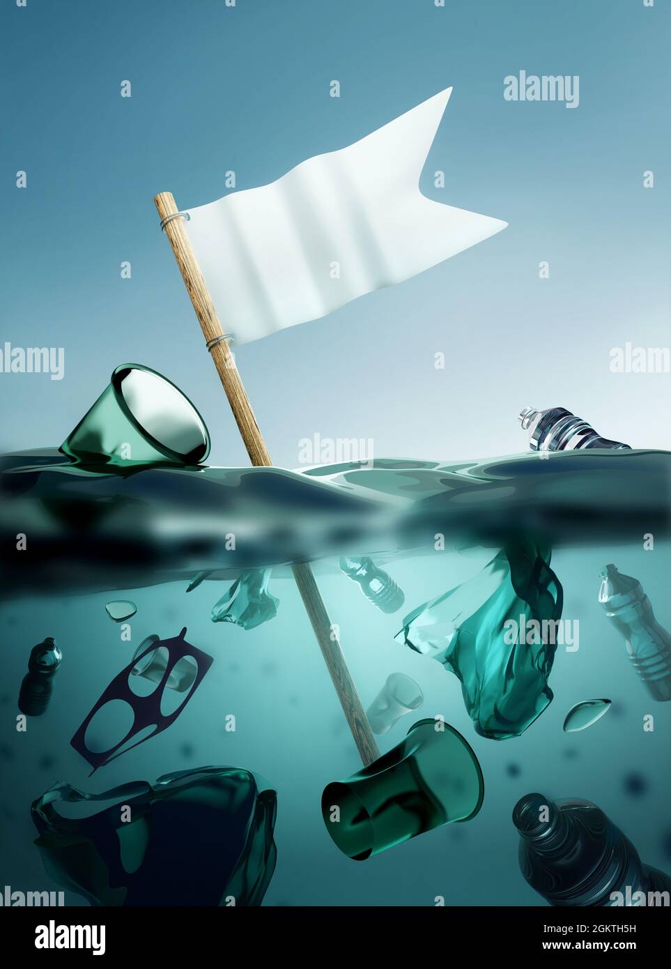 déchets de plastique flottant dans l'océan avec un drapeau blanc de la reddition. Crise du climat et de la pollution plastique de l'environnement. Illustration 3D. Banque D'Images