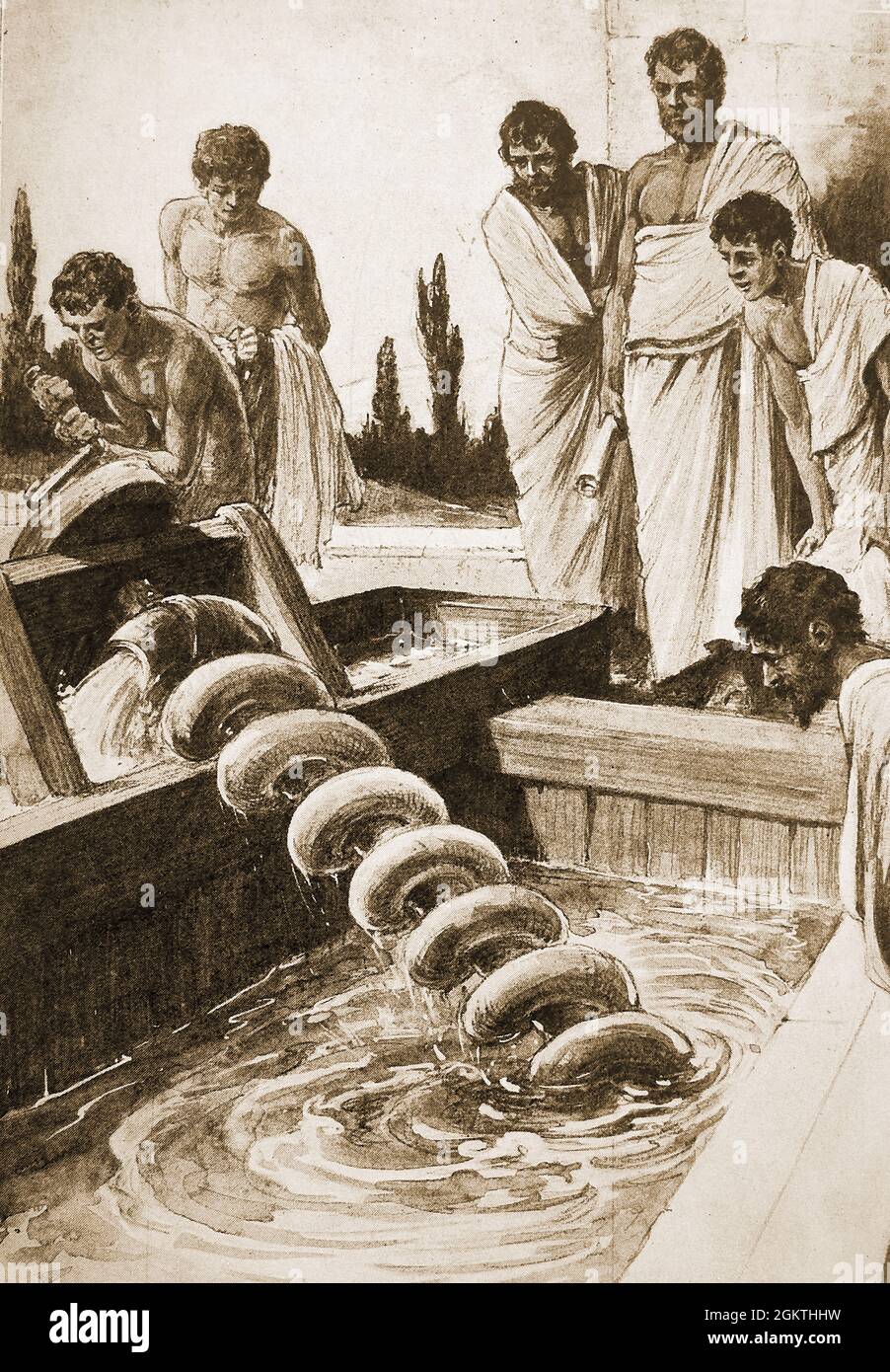 Illustration des années 1930 montrant une vis en spirale Archimedes utilisée pour vider la soute d'un navire pleine d'eau. Archimedes aka Archimedes de Syracuse ( vers 287-212 av. J.-C.) était un mathématicien, physicien, ingénieur, astronome et inventeur grec connu pour son invention de la pompe à vis Archimedes et d'autres objets d'ingénierie innovants. Il a également étudié le déplacement de l'eau, les leviers, la gravité, les poulies et la mécanique générale. Le terme Eureka (je l'ai découvert) est attribué à Archimedes Banque D'Images