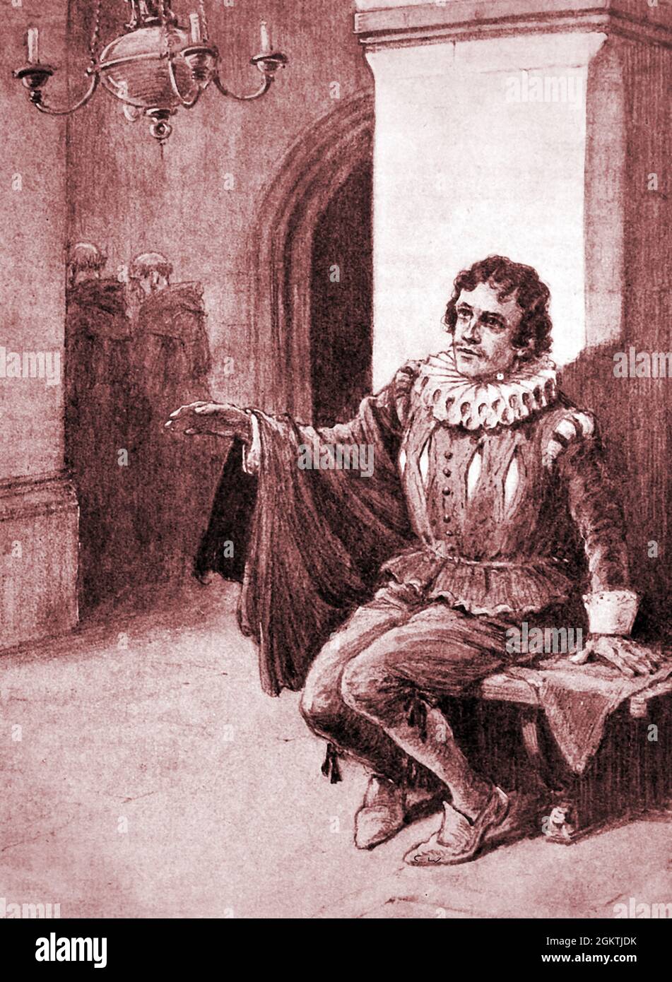 Une impression des années 1930 de Galileo (alias Galileo Galilei & Galileo di Vincenzo Bonaiuti de' Galilei - 1564 – 1642) astronome, physicien et ingénieur polymath. Il est vu ici en remarquant le balancement d'une lampe (avant-coureur du pendule d'horloge). Il est connu comme le « père de l'astronomie observationnelle »,[4] le « père de la physique moderne », le « père de la méthode scientifique » et le « père de la science moderne », ayant étudié les lois scientifiques de la vitesse et de la vitesse, des pendules, de la gravité et de la chute libre, le principe de la relativité, de l'inertie et du mouvement projectile Banque D'Images