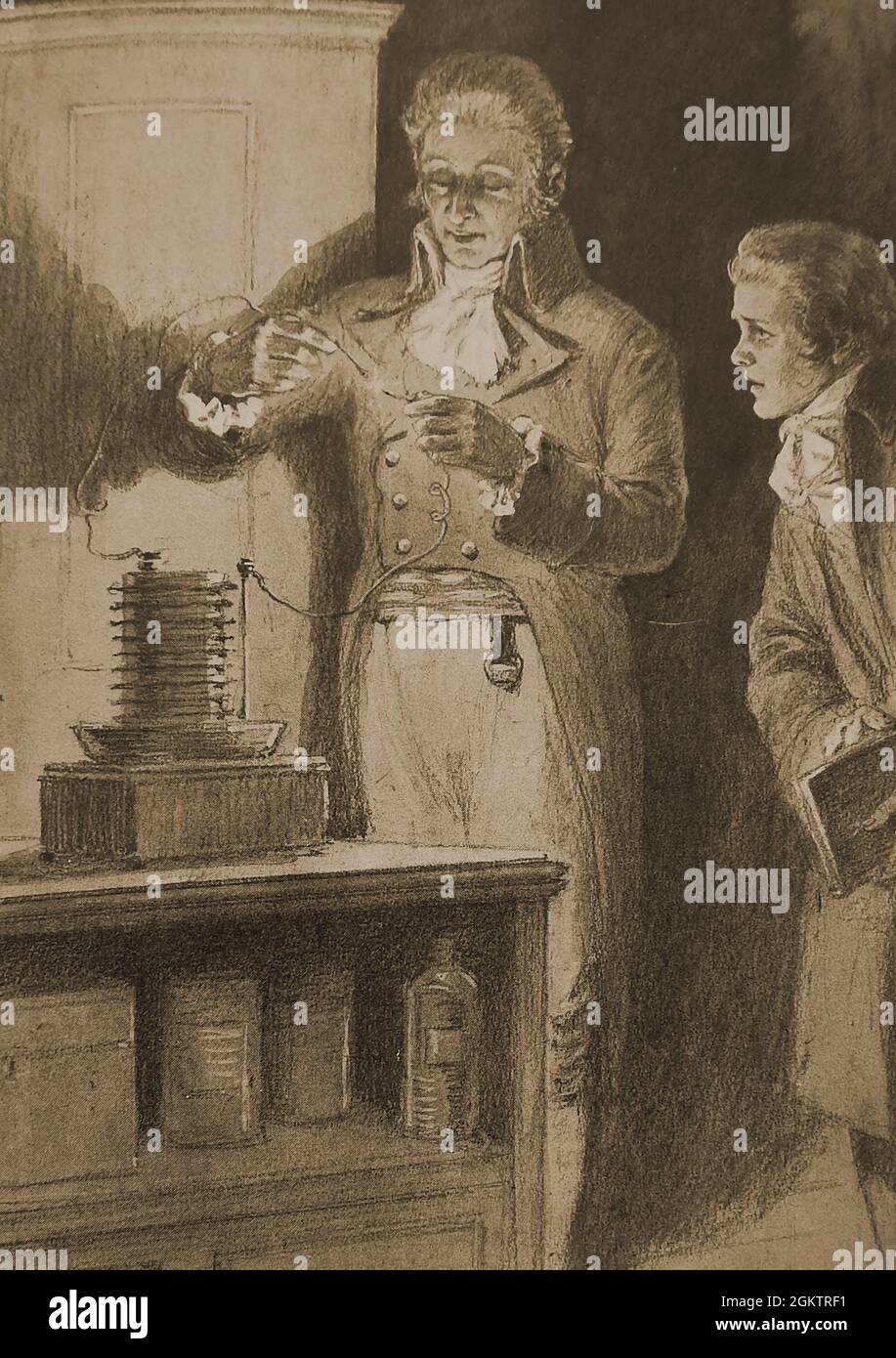 LA PILE DE VOLTA (PILE PHOTOVOLTAÏQUE)- Comte Alessandro Volta (1743-1827) démontrant son invention, (la première batterie électrique du monde. Le physicien Alessandro Giuseppe Antonio Anastasio Volta était un physicien, chimiste et pionnier italien de l'électricité et de l'électricité, qui est crédité de l'invention de la batterie électrique ( il a inventé la pile photovoltaïque en 1799). Il a également découvert du méthane. Banque D'Images
