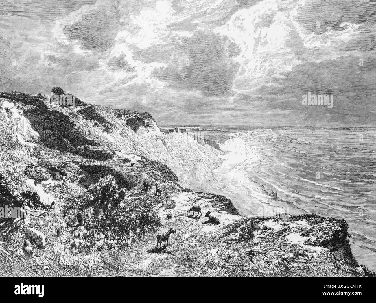 Côte de la petite île Hiddensee au large de l'île Rügen dans la mer Baltique, Mecklembourg-Poméranie-Occidentale, Allemagne de l'est, illustration 1880, Banque D'Images