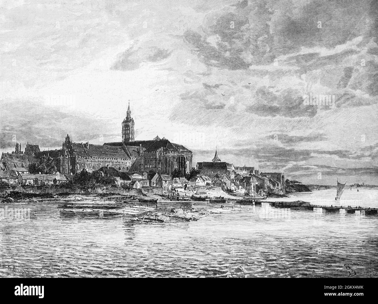 Patrimoine mondial de l'UNESCO, Ordensburg Marienburg, Château de l'ordre teutonique à Malbork sur la rivière Nogat, nord de la Pologne, Europe, illustration1880, Banque D'Images