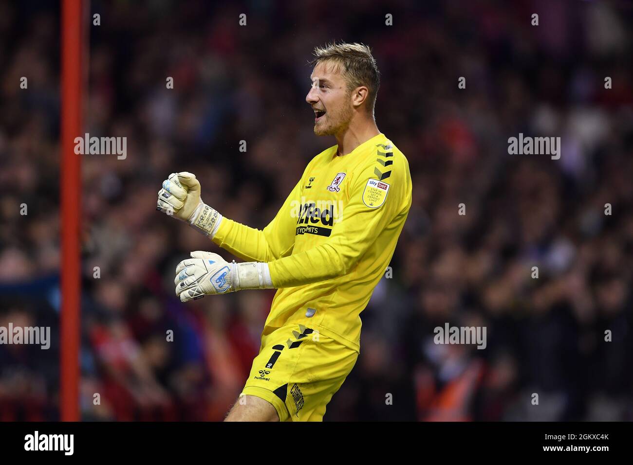 NOTTINGHAM, ROYAUME-UNI. 15 SEPT Joe Lumley de Middlesbrough fête après sa cote un but pour le faire 0-1 pendant le match de championnat de Sky Bet entre Nottingham Forest et Middlesbrough au City Ground, Nottingham, le mercredi 15 septembre 2021. (Credit: Jon Hobley | MI News) Credit: MI News & Sport /Alay Live News Banque D'Images