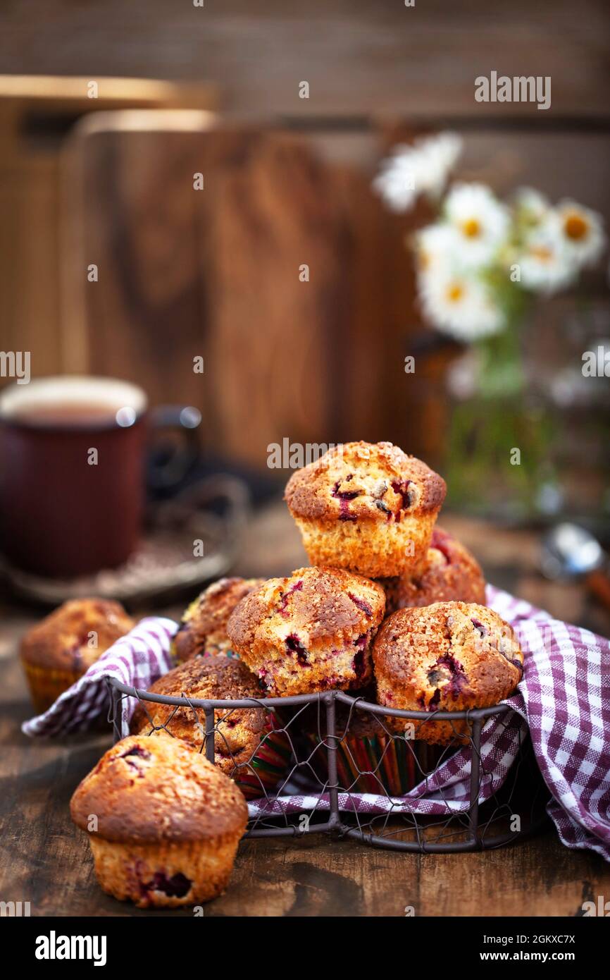 Délicieux muffins aux cerises faits maison sur fond rustique Banque D'Images