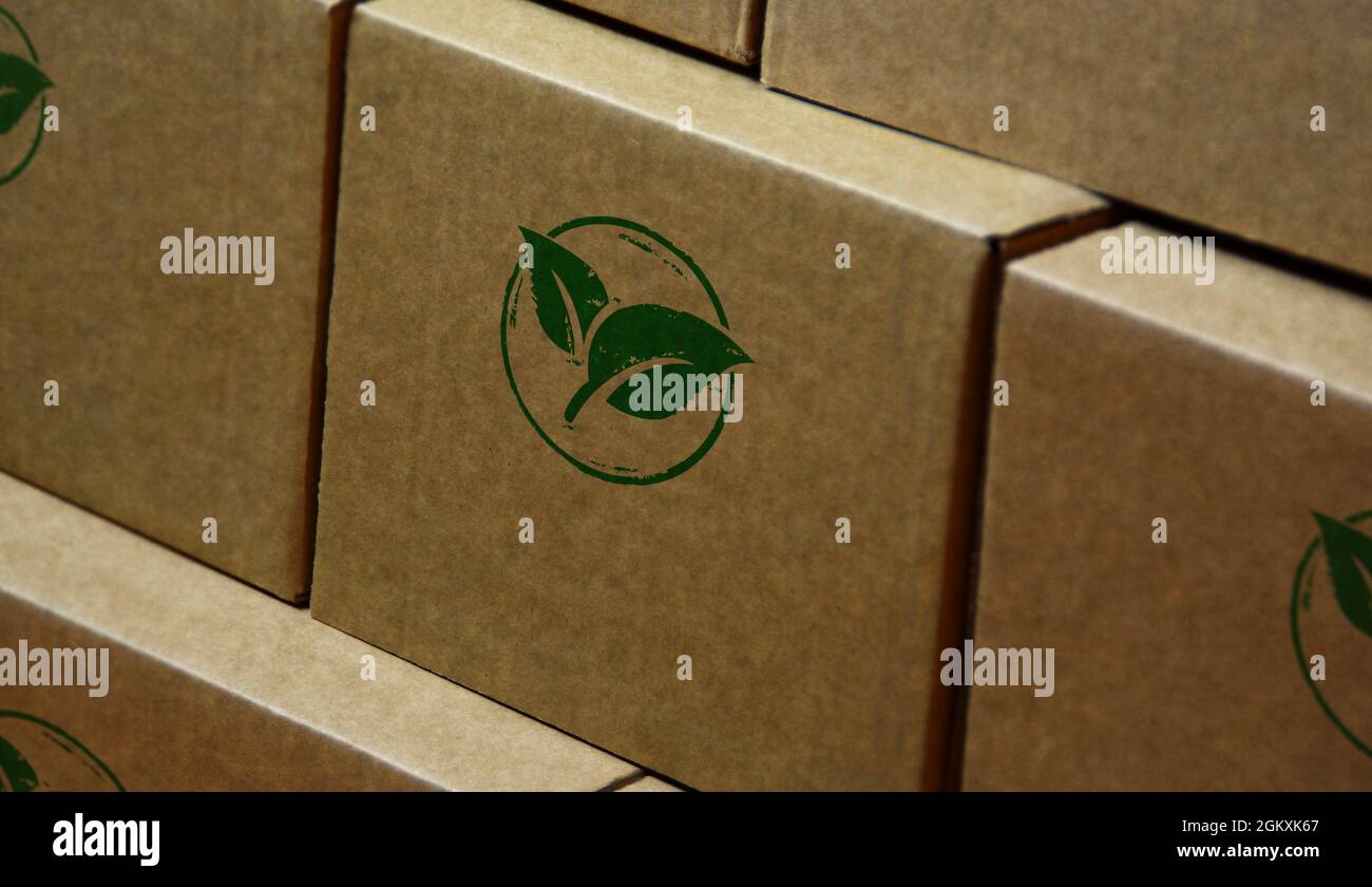 Timbre vert de symbole écologique en forme de feuille imprimé sur une boîte en carton. CO2 neutre, écologie, environnement, nature et climat. Banque D'Images