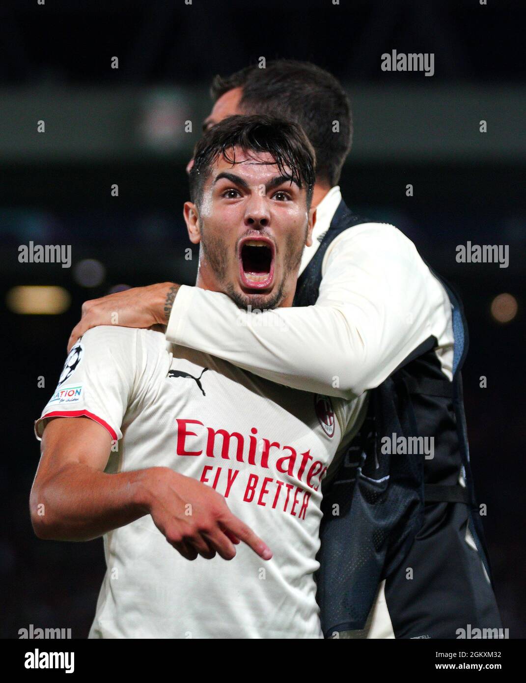 Le Brahim Diaz d'AC Milan célèbre le deuxième but de leur partie lors du match de l'UEFA Champions League, Groupe B à Anfield, Liverpool. Date de la photo: Mercredi 15 septembre 2021. Banque D'Images