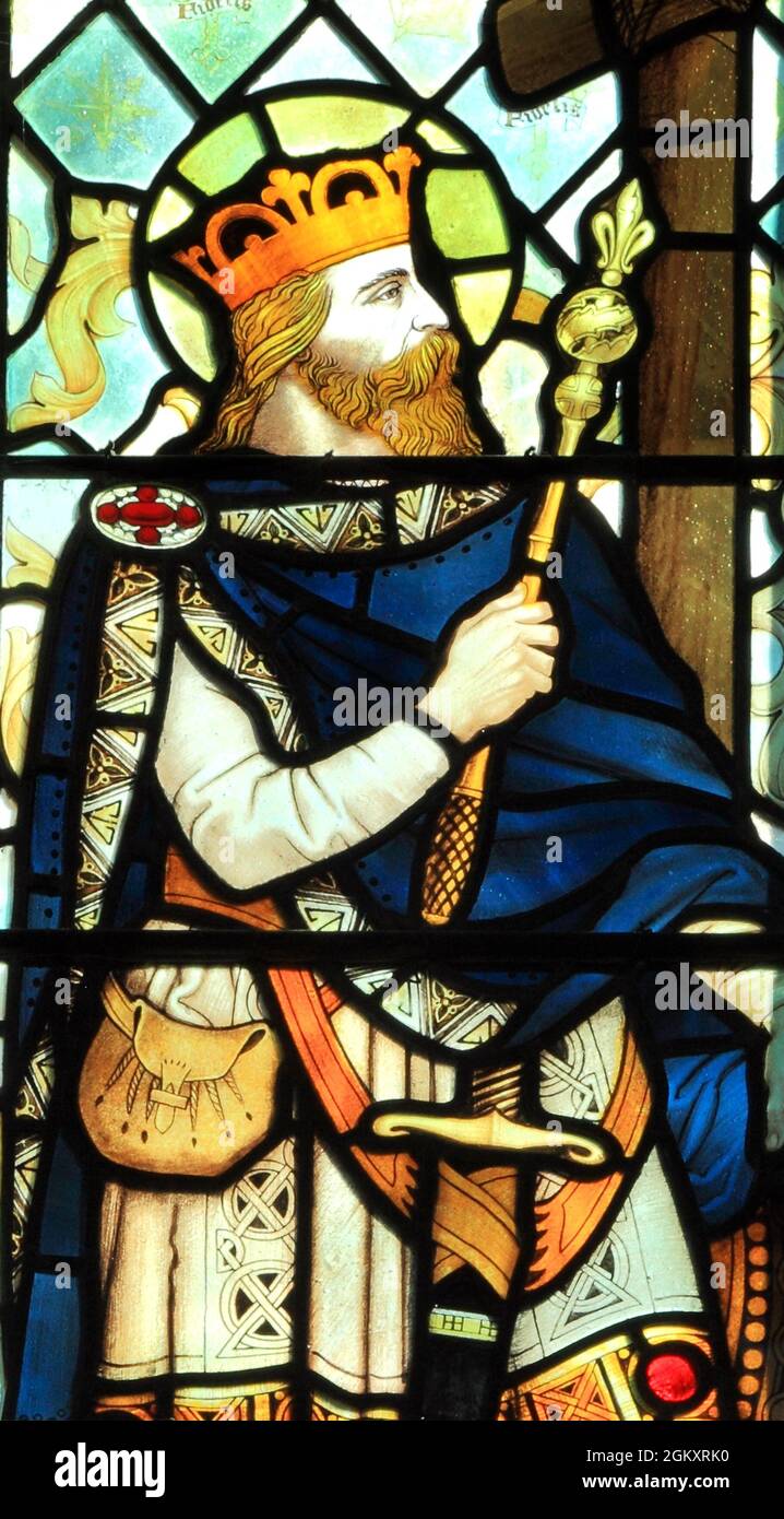St Oswald, roi de la Northumbrie, VIIe siècle, saint, vitrail, Par J Powell & son, 1900, Blakeney, Norfolk, Angleterre Banque D'Images