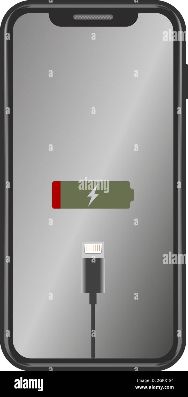 Batterie faible, smartphone, tablette, GSM, filaire, illustration de la mallette, de la charge, du chargeur, de l'adaptateur de charge, du vecteur de puissance inférieur. Illustration de Vecteur