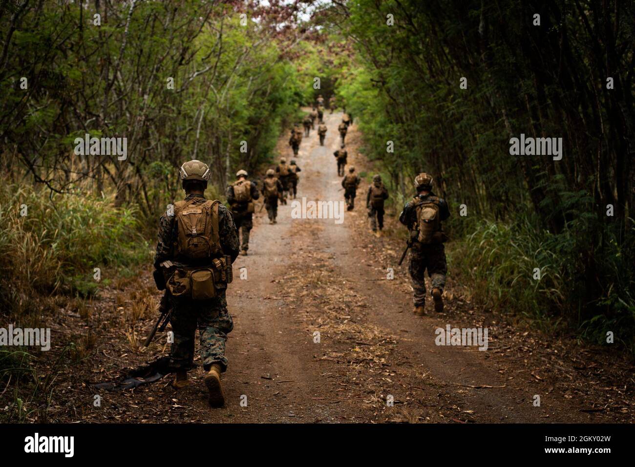 Les Marines des États-Unis du 1er Bataillon, marines 3d, patrouillent à leur objectif lors d'un événement d'entraînement d'insertion et d'extraction, Marine corps Training Area Bellows, Marine corps base Hawaii, 22 juillet 2021. En tant que plate-forme hôte de tous les éléments de la Marine Air Ground Task Force, Marine corps base Hawaii fournit l'environnement nécessaire pour produire l'état de préparation dans l'air, sur terre et en mer. Banque D'Images