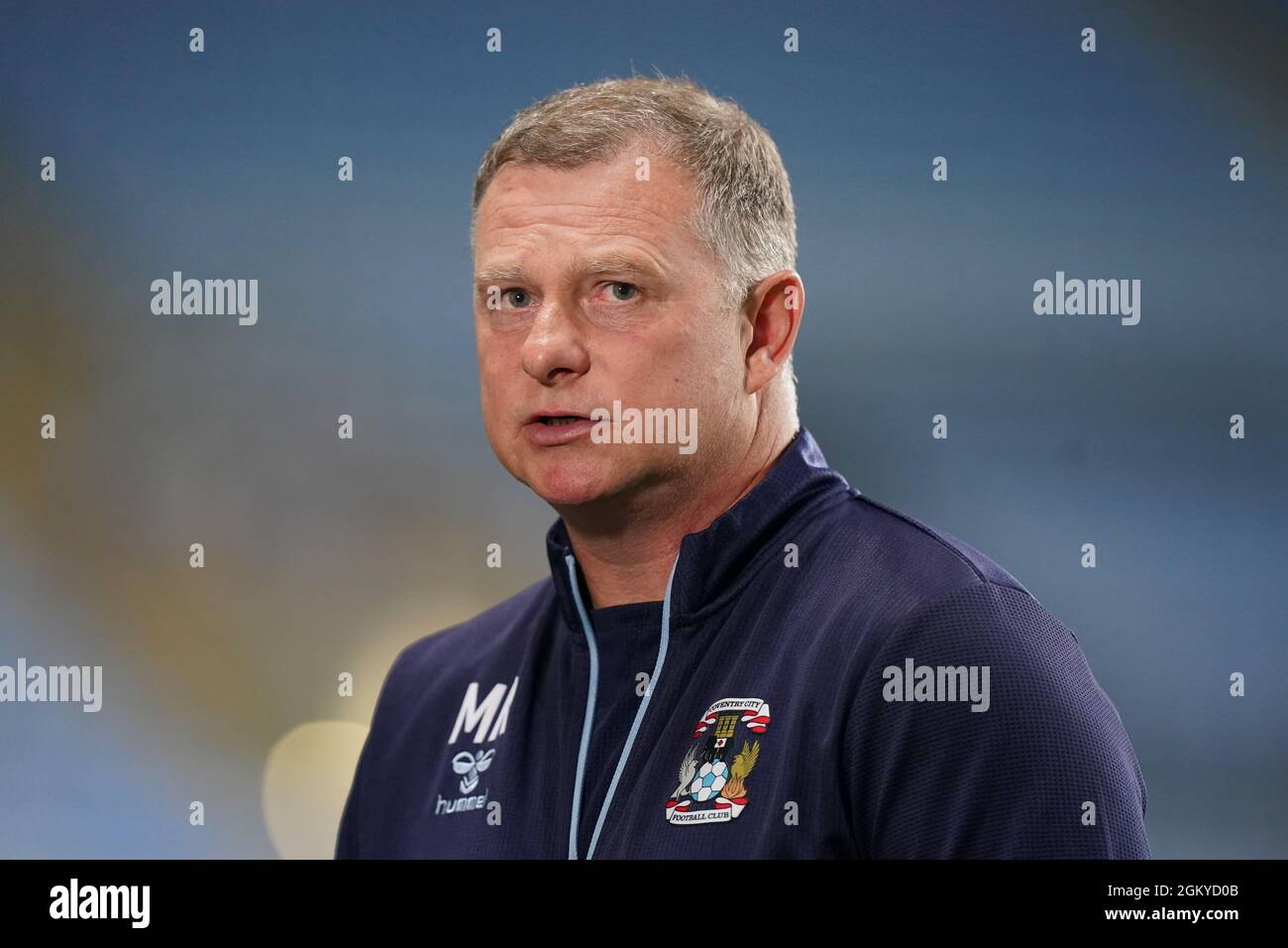 Mark Robins, directeur de la ville de Coventry, parle à la presse après le coup de sifflet final lors du match du championnat Sky Bet à l'arène Coventry Building Society, à Coventry. Date de la photo: Mercredi 15 septembre 2021. Banque D'Images