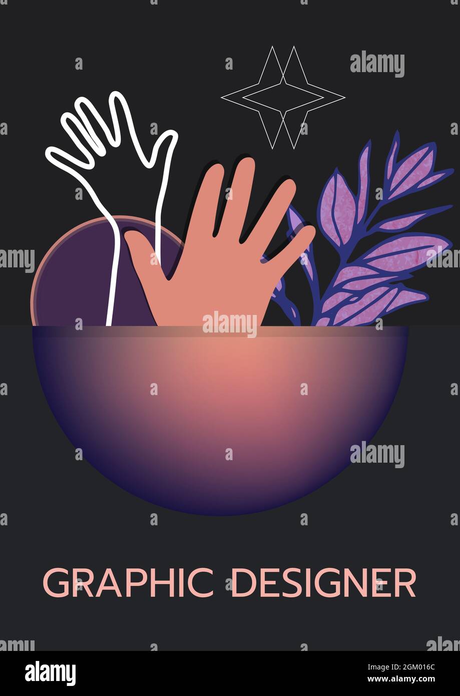 Texte du graphiste contre les mains, étoiles et icône de feuilles sur fond noir Banque D'Images