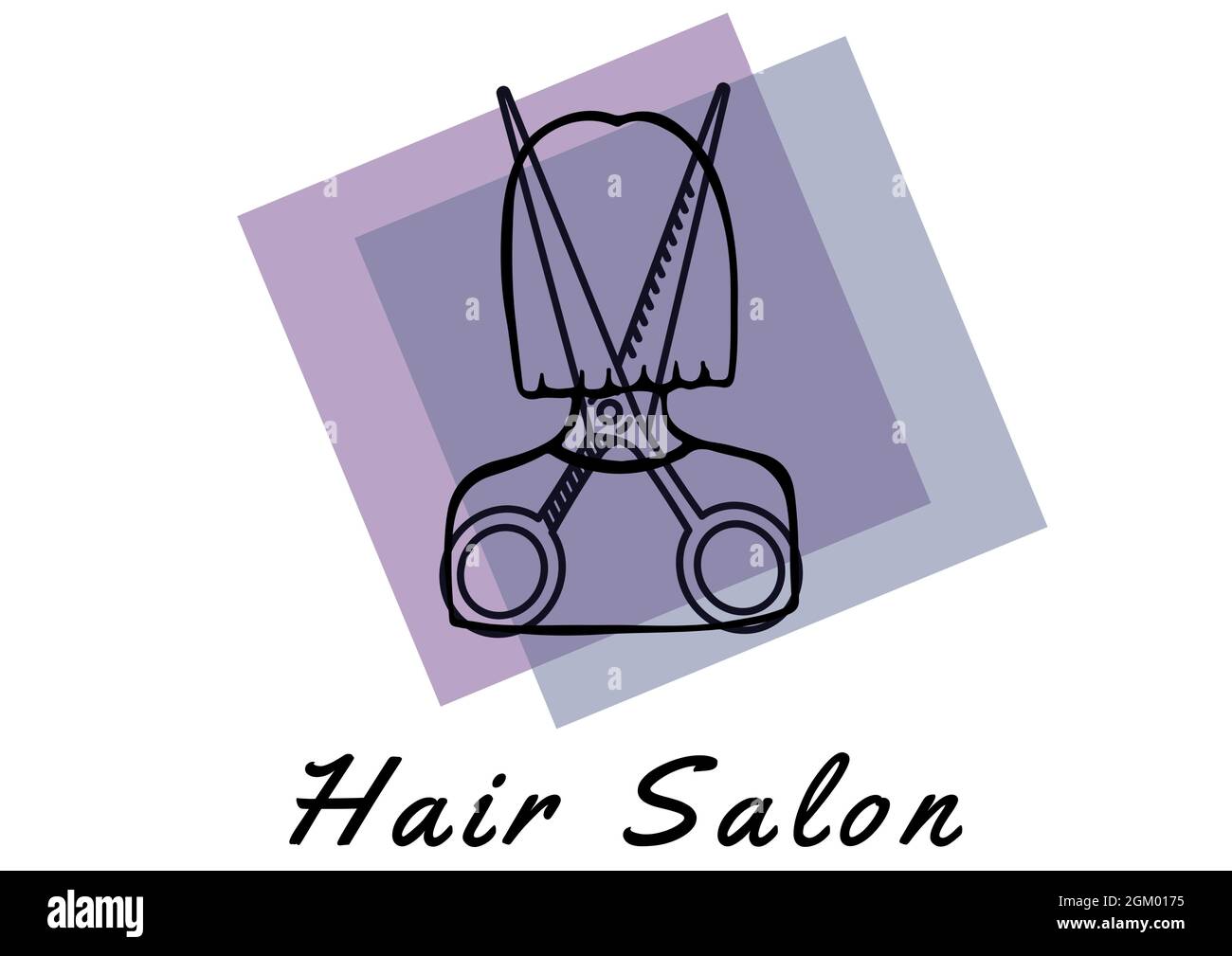 Salon de coiffure texte avec ciseaux sur une femme icônes sur une bannière violette sur fond blanc Banque D'Images