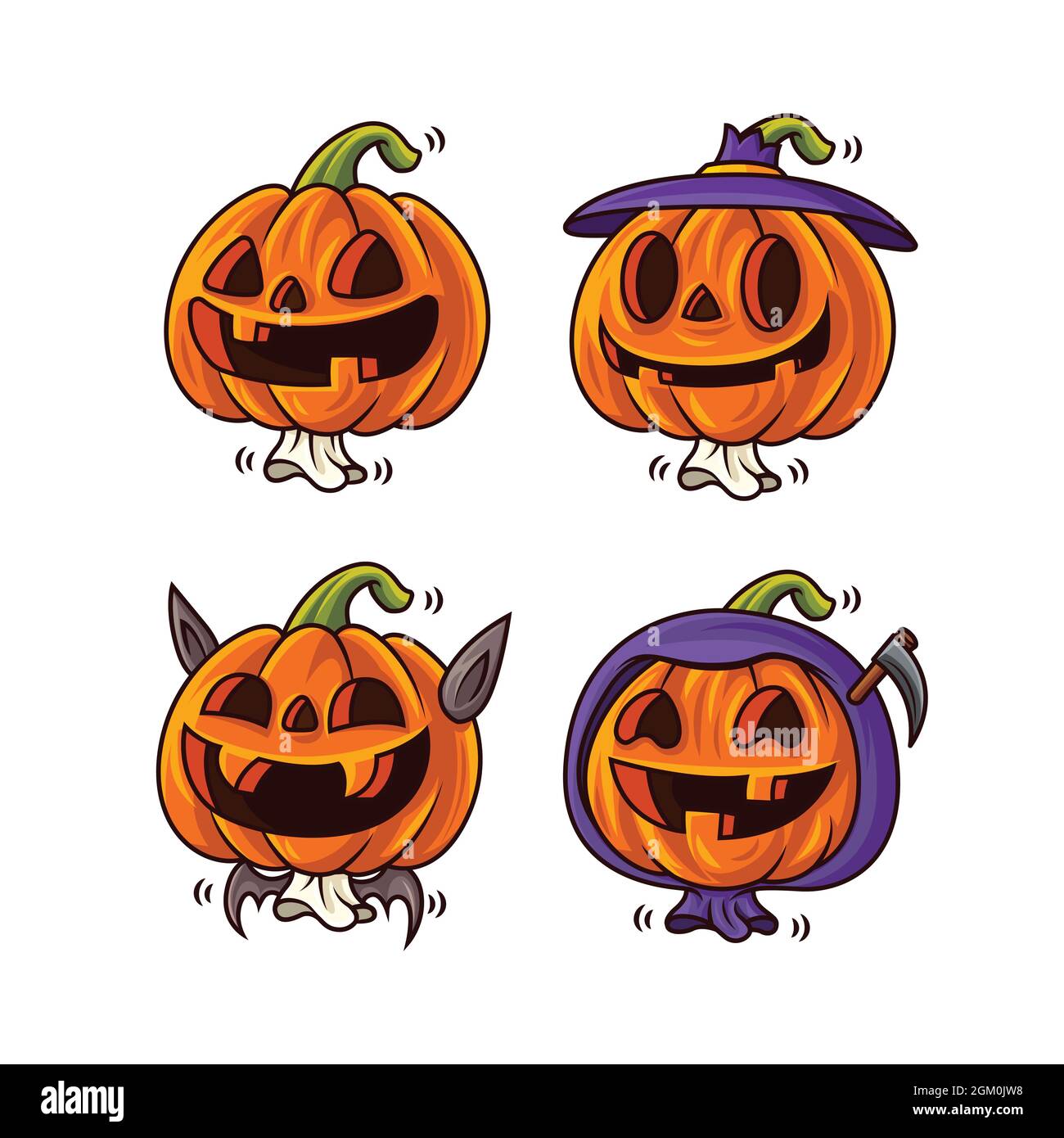 Ensemble de dessins animés de citrouilles d'halloween mignonnes avec différents visages drôles et costumes d'halloween. Ensemble d'halloween à personnages vectoriels. Illustration de Vecteur