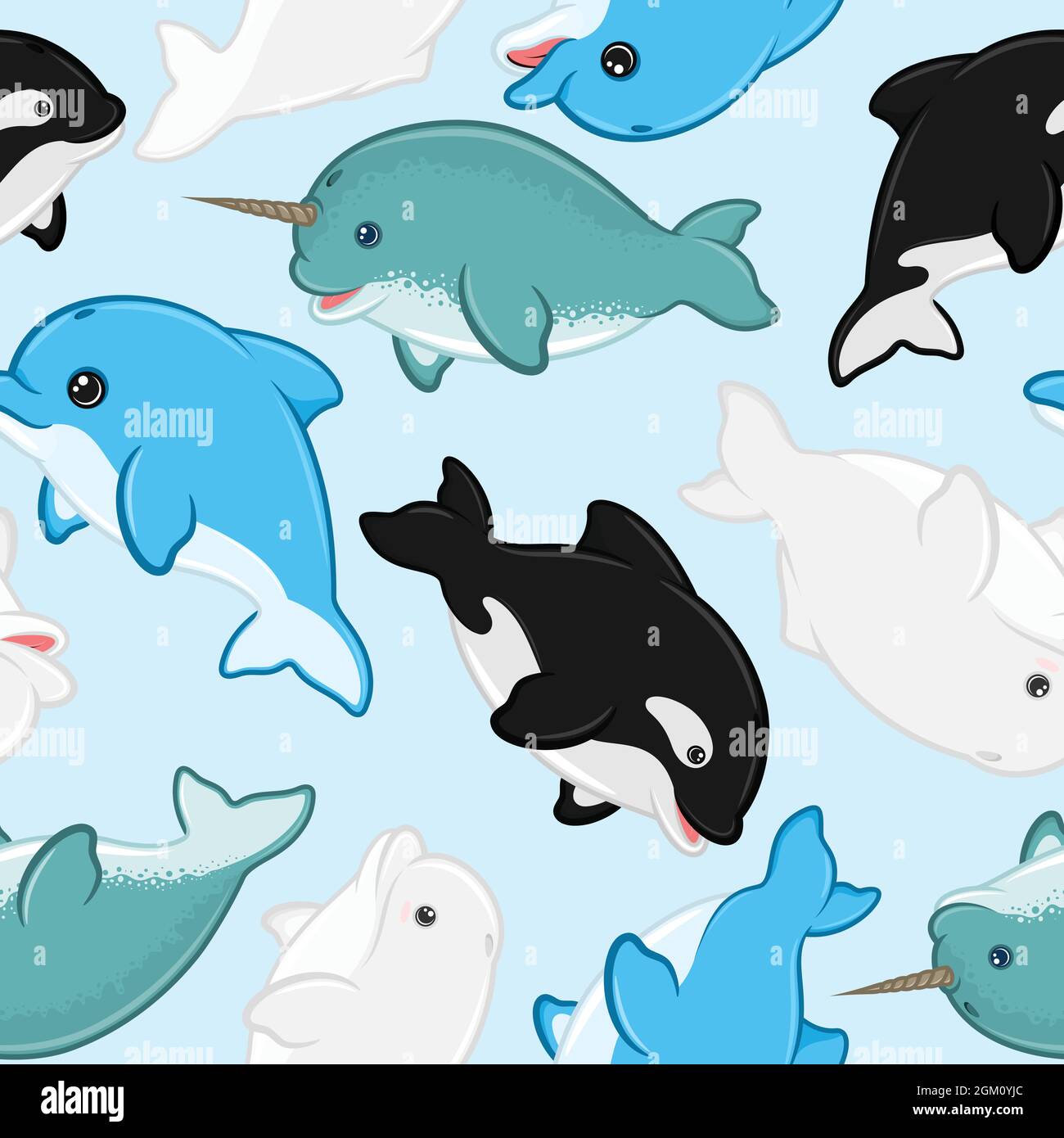Motif de mammifères aquatiques avec dessin animé puéril, béluga, dauphin, orque, narval Illustration de Vecteur