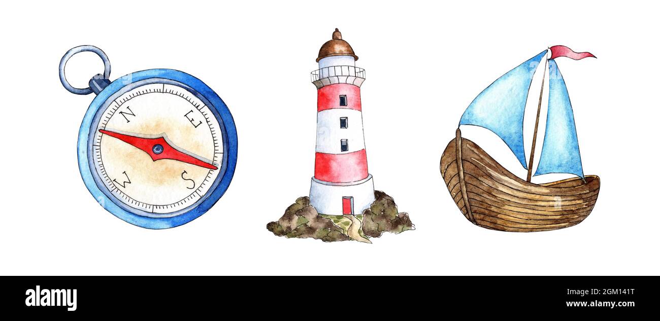 Aquarelle peinture boussole, phare, voilier. Appui naval, propriété de marin. Collection d'aventures marines. Isolé sur fond blanc. Dr Banque D'Images