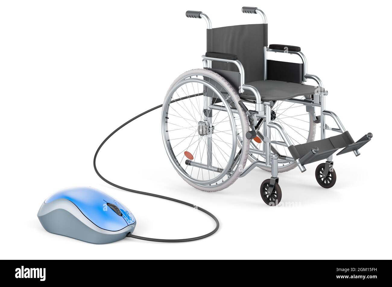 Fauteuil roulant manuel avec souris d'ordinateur. Rendu 3D isolé sur fond blanc Banque D'Images