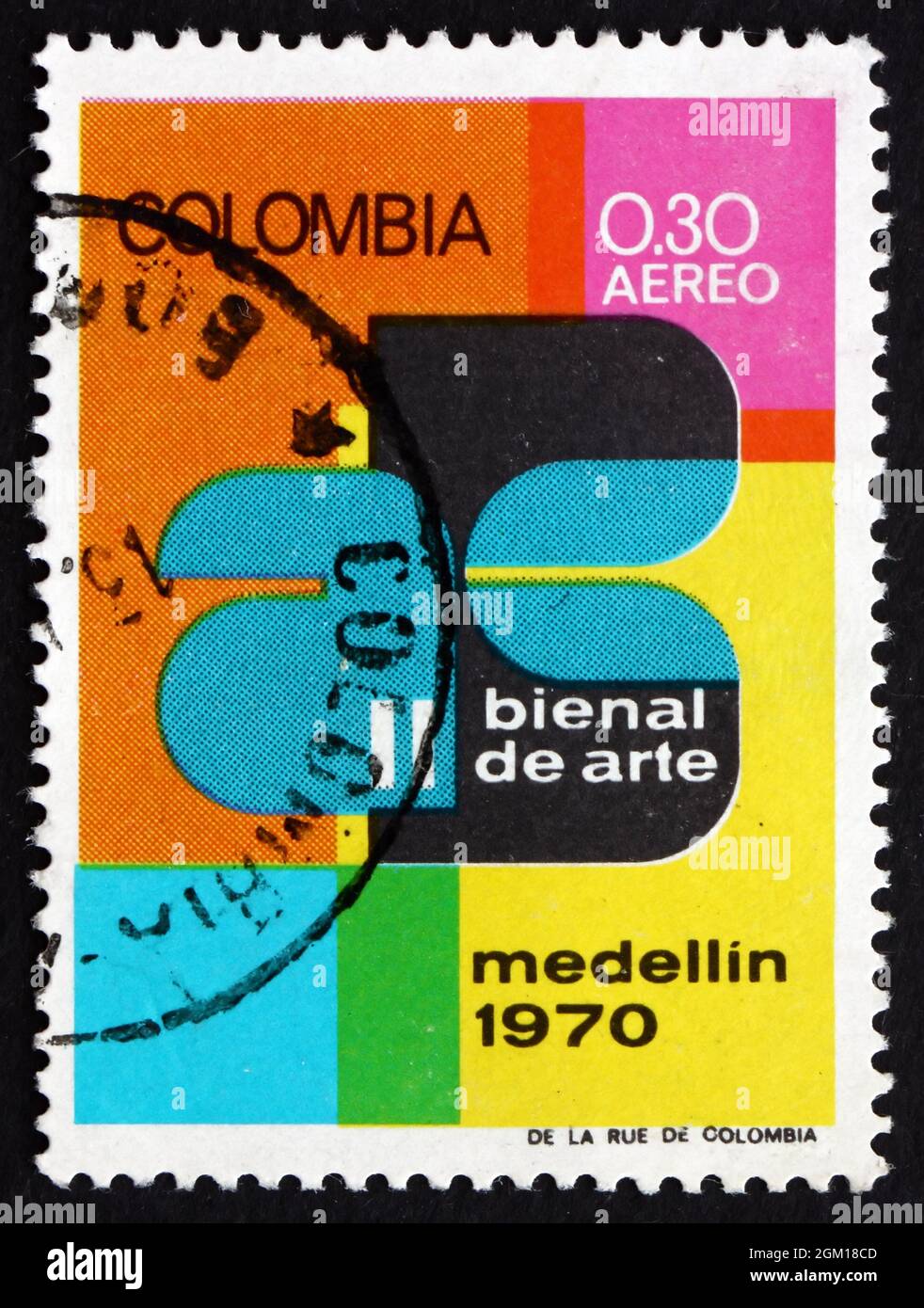 COLOMBIE - VERS 1970: Un timbre imprimé dans la Colombie montre l'exposition d'art Emblem, 2ème exposition d'art Biennale, Medellin, vers 1970 Banque D'Images