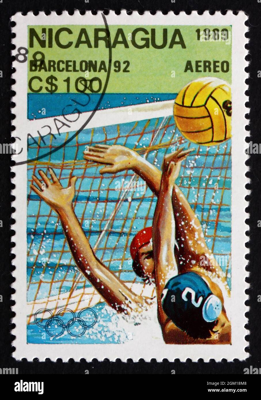 NICARAGUA - VERS 1989: Un timbre imprimé au Nicaragua montre Water polo, Jeux Olympiques d'été 1992, Barcelone, Espagne, vers 1989 Banque D'Images