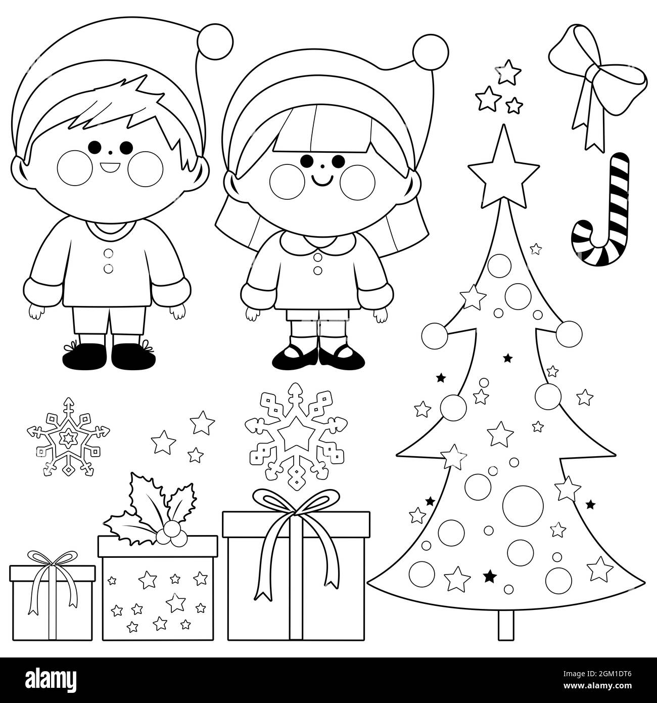 Collection de Noël avec enfants en costumes de Noël du Père Noël. Page de couleur noir et blanc. Banque D'Images