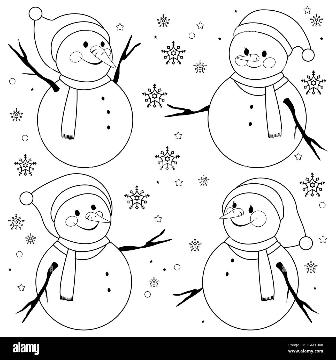 Bonhommes de neige avec chapeaux de Noël et foulards. Page de couleur noir et blanc. Banque D'Images