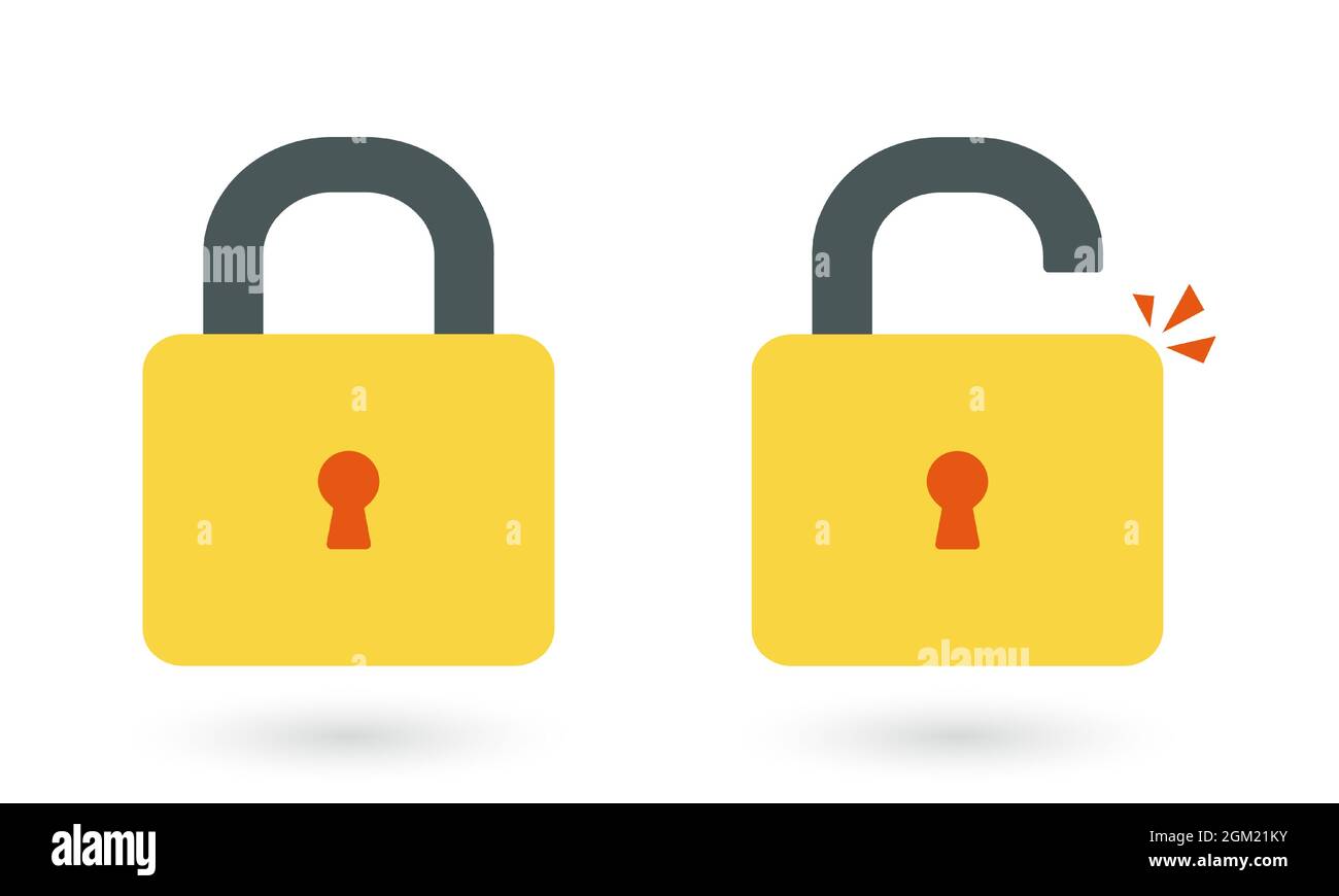 Verrouiller les icônes vectorielles ouvertes et fermées isolées sur fond blanc, illustration de formes de cadenas jaunes, motif de jeu de verrous de dessin animé plats. Illustration de Vecteur