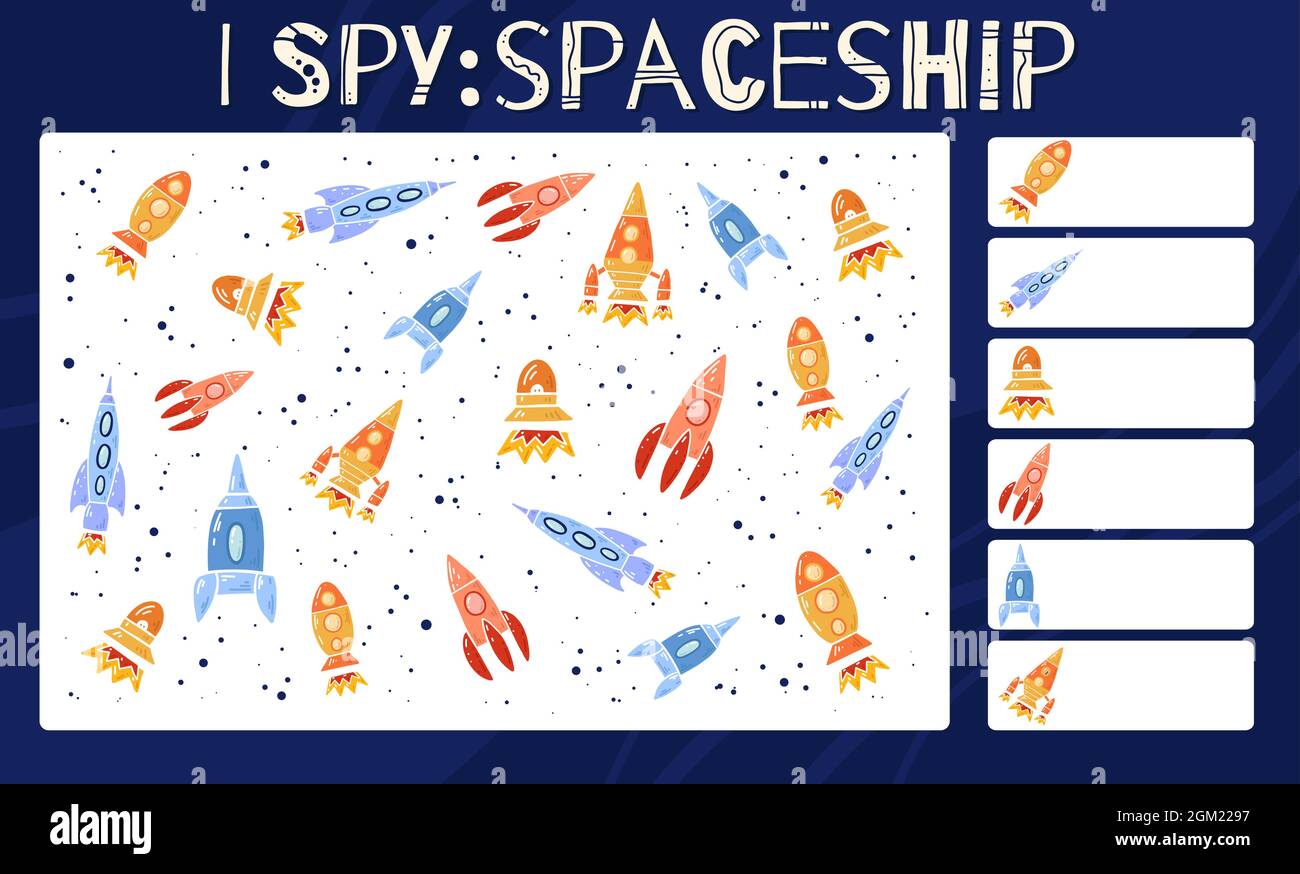 J'espionne le jeu. Divertissement éducatif pour les enfants. Comptez le nombre de navettes spatiales. Esquisse de fusée de bande dessinée, papapaecraft, véhicule aérospatial. Modèle de vecteur pour le modèle de précho Illustration de Vecteur
