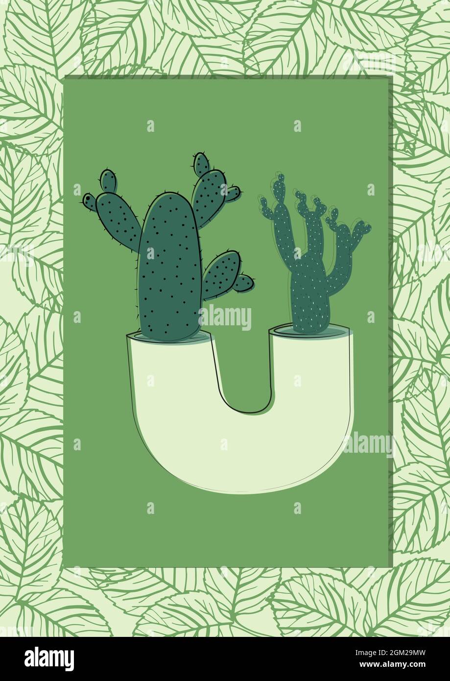 Plante Cactus sur bannière verte avec espace de copie contre motif de conception de feuilles Banque D'Images