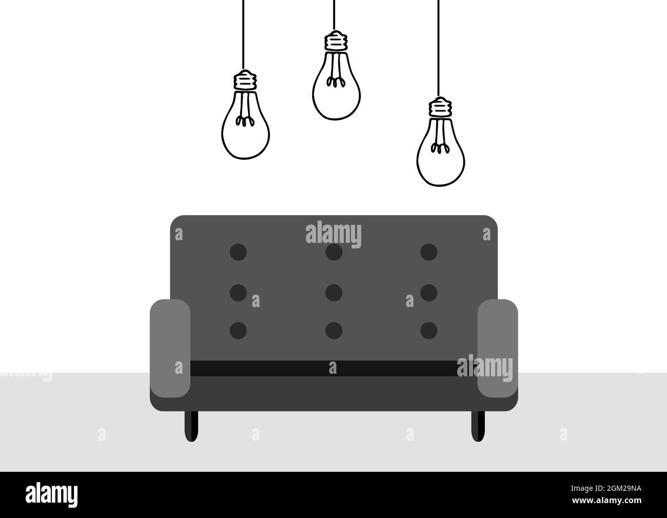 Ampoules suspendues au-dessus de l'icône du canapé sur fond blanc Banque D'Images
