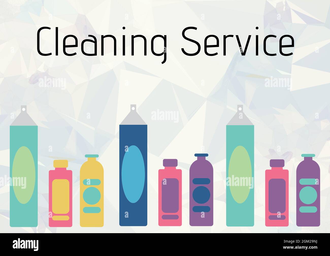 Texte du service de nettoyage et plusieurs icônes de bouteille de détergent de nettoyage sur fond blanc Banque D'Images