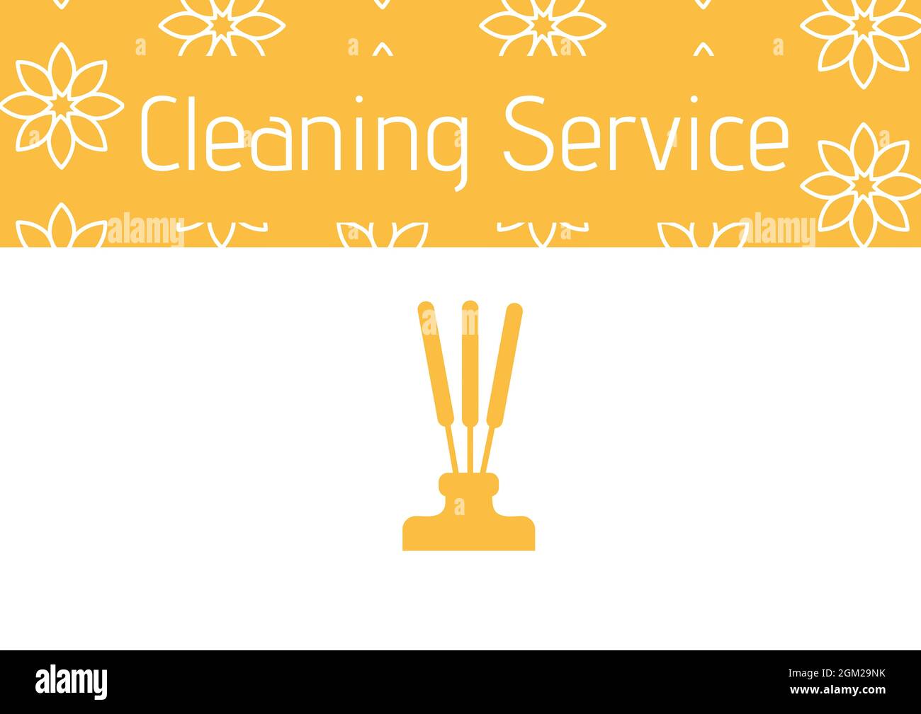 Icône de l'essuie-glace sur le texte du service de nettoyage contre les motifs floraux sur fond jaune Banque D'Images
