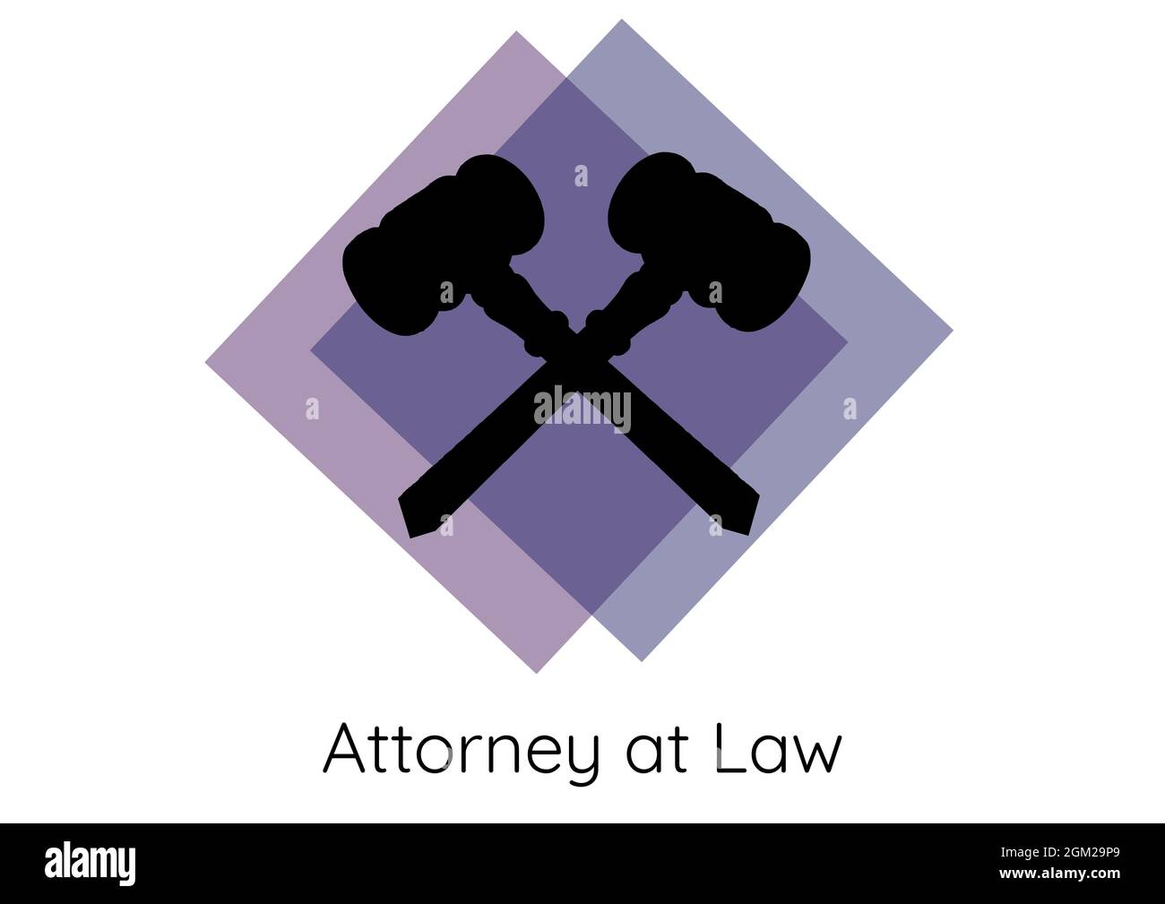 Texte de l'avocat avec deux icônes de gavel sur une bannière violette sur fond blanc Banque D'Images