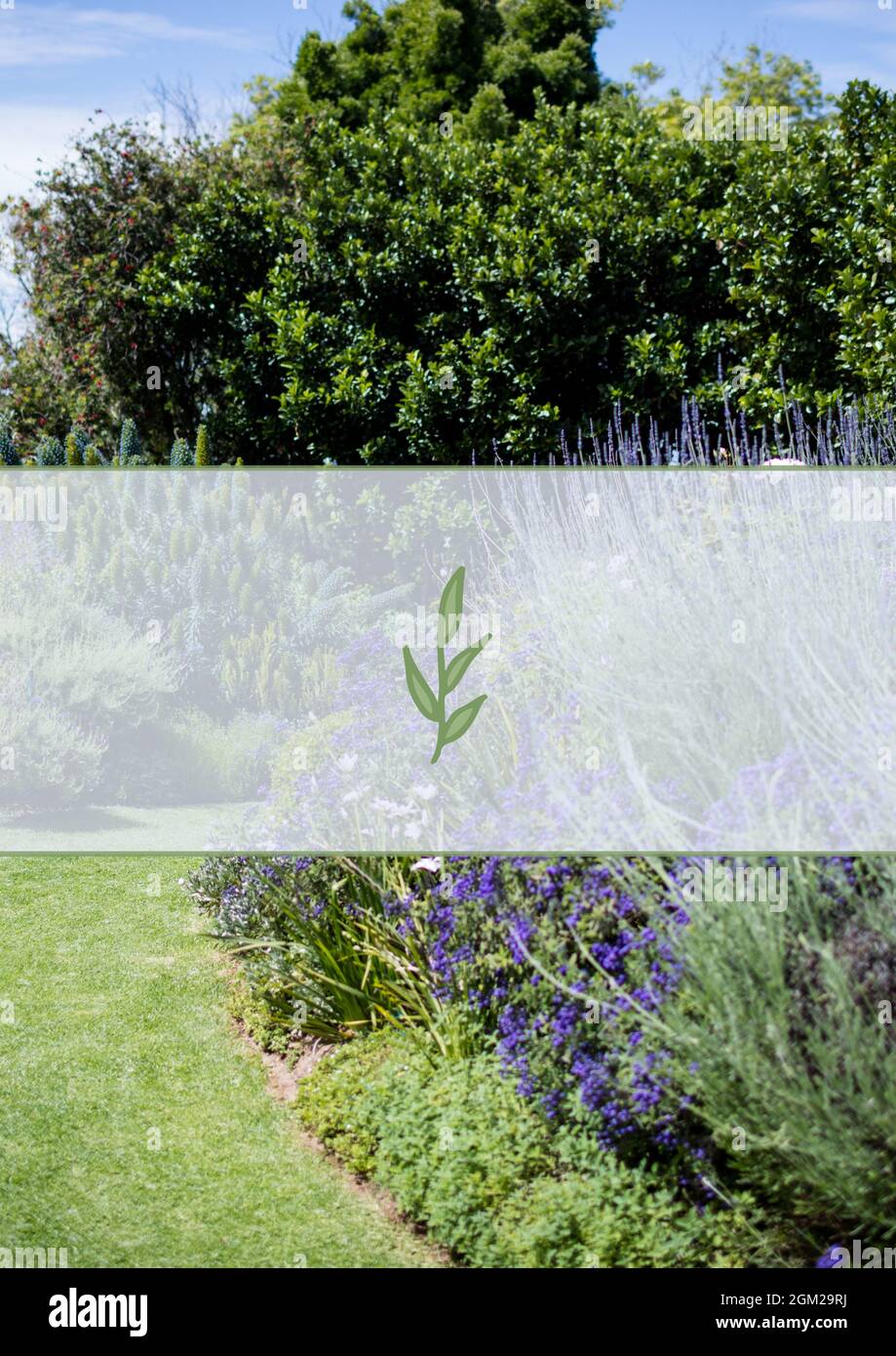 Tige avec icône de feuilles vertes sur la bannière blanche contre le jardin en arrière-plan Banque D'Images