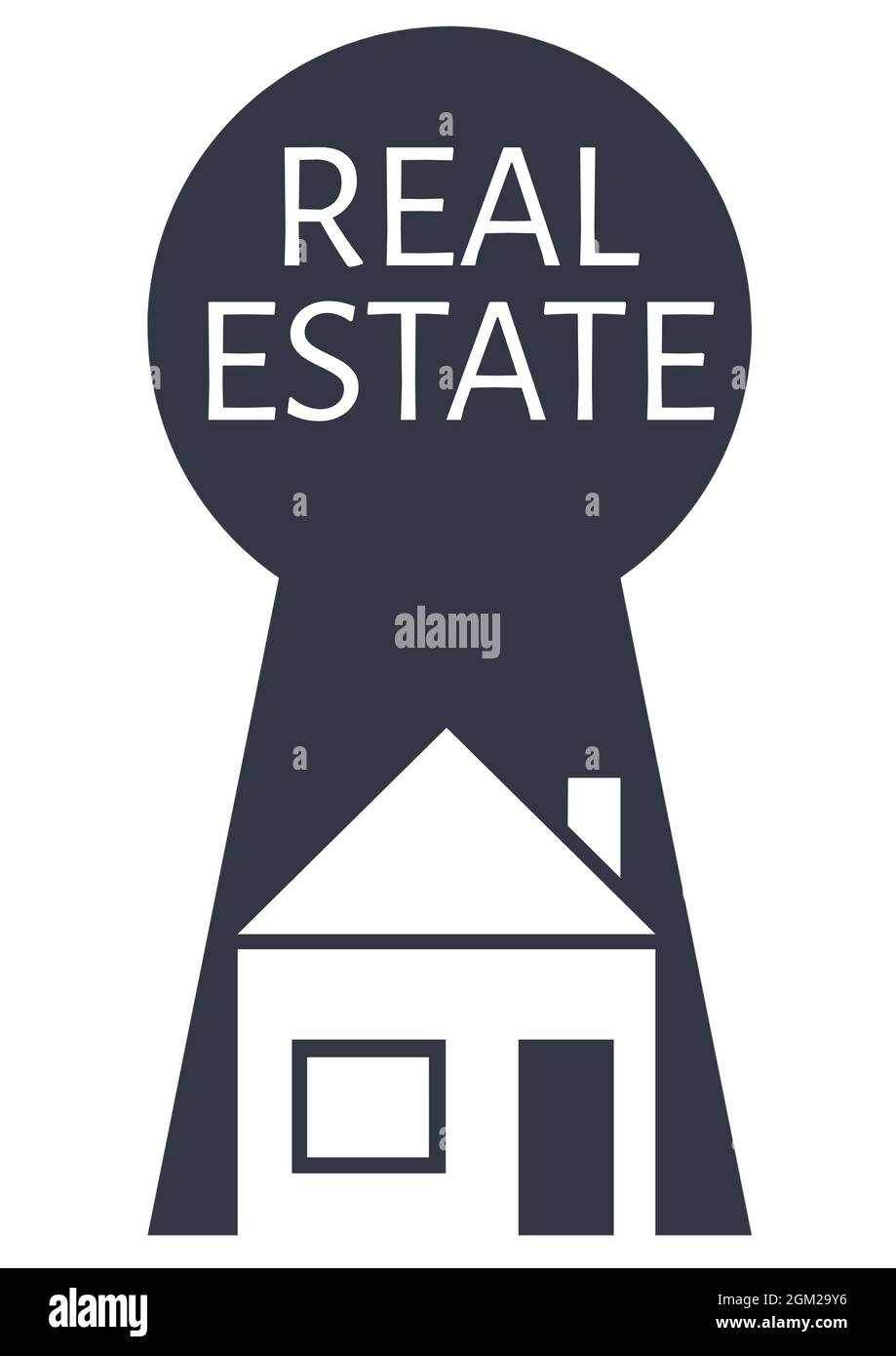 Image générée numériquement de texte immobilier avec trou de clé et icône de maison sur fond blanc Banque D'Images