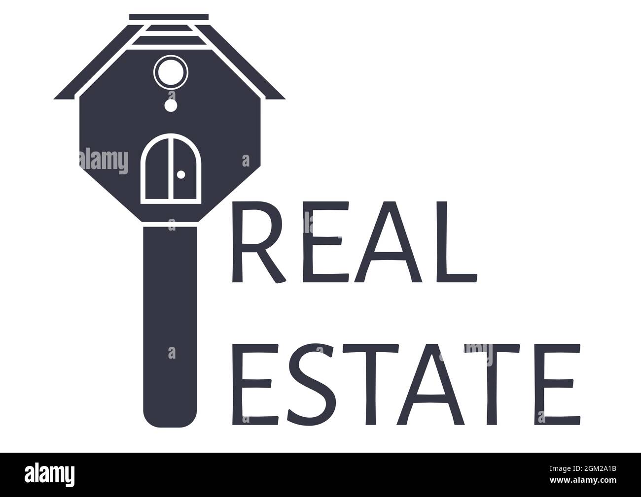 Image numérique de texte immobilier avec icône de concept clé maison sur fond blanc Banque D'Images