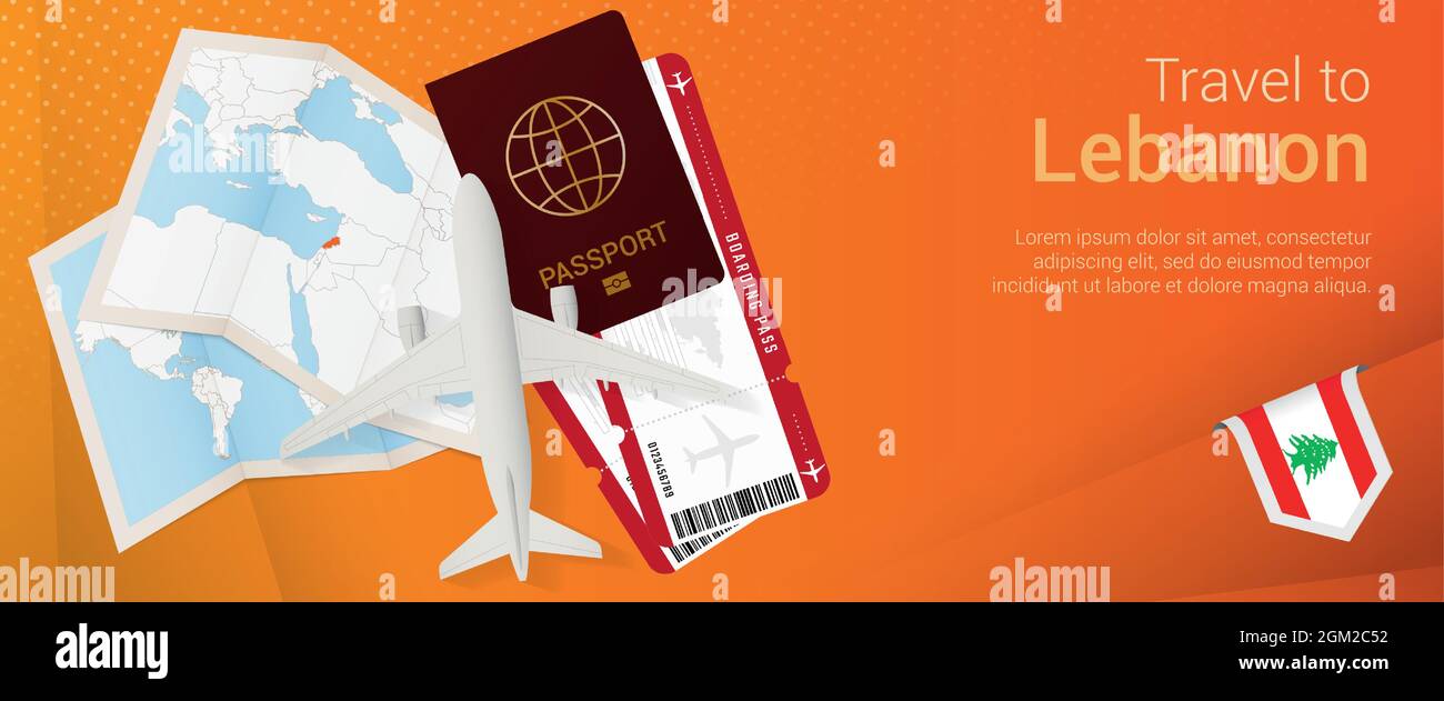 Voyage au Liban bannière pop-under. Bannière de voyage avec passeport, billets, avion, carte d'embarquement, carte et drapeau du Liban. Modèle vectoriel. Illustration de Vecteur