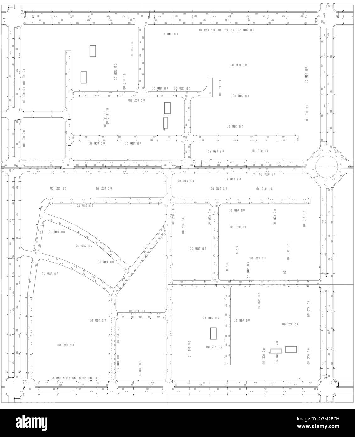 Contour de la route avec des voitures de lignes noires isolées sur fond blanc. Vue de dessus. Plan du quartier. Illustration vectorielle. Illustration de Vecteur