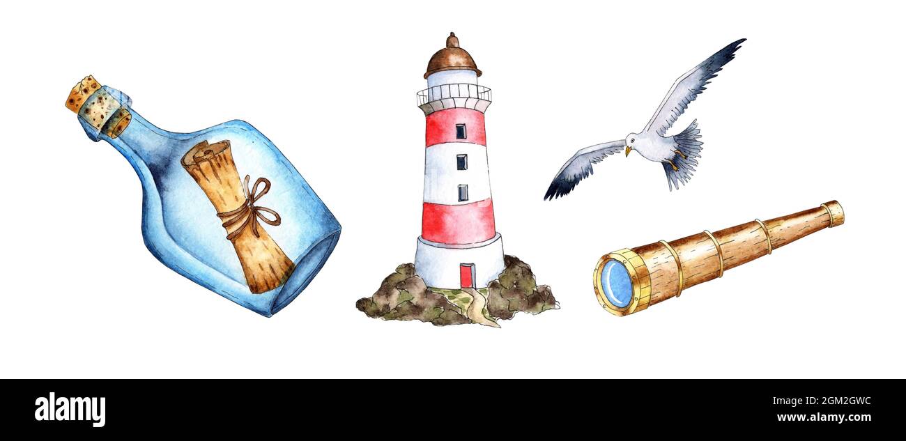 Aquarelle représentant Une bouteille d'invocation, un phare, un mouette et un télescope. Appui naval, propriété de marin. Collection d'aventures marines. Banque D'Images