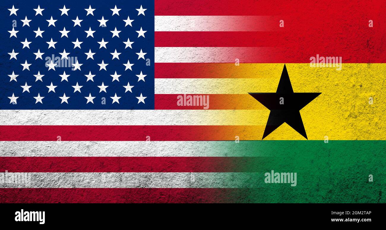 Drapeau national des États-Unis d'Amérique (USA) avec drapeau national du Ghana. Grunge l'arrière-plan Banque D'Images