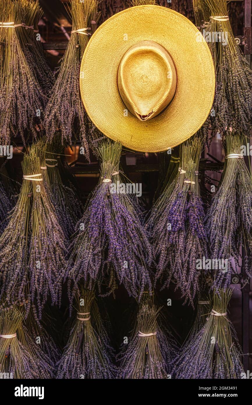 Chapeau de paille et pains de lavande - chapeau de paille abîmé suspendu avec les pains de lavande français fraîchement récoltés. A part l'arôme doux de l frais Banque D'Images